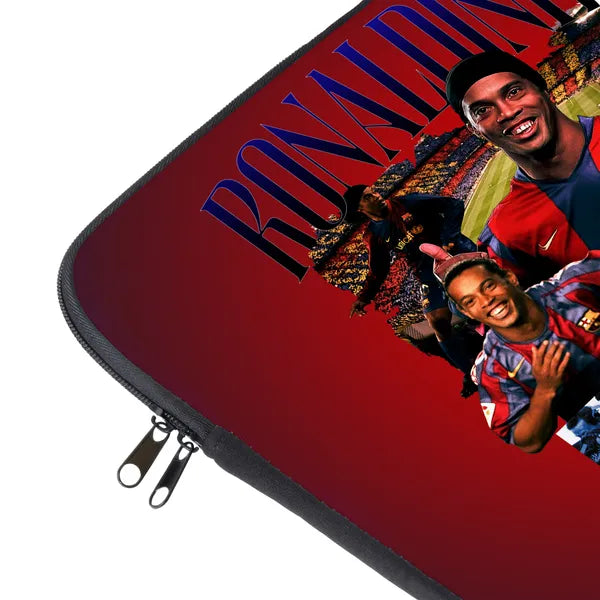 Laptop sleeve with a collage of a person and text on a red background