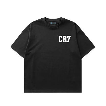 Black t-shirt with 'CR7' logo on a white background