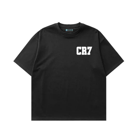 Black t-shirt with 'CR7' logo on a white background