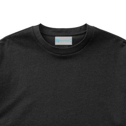 Black t-shirt with a brand label on a white background