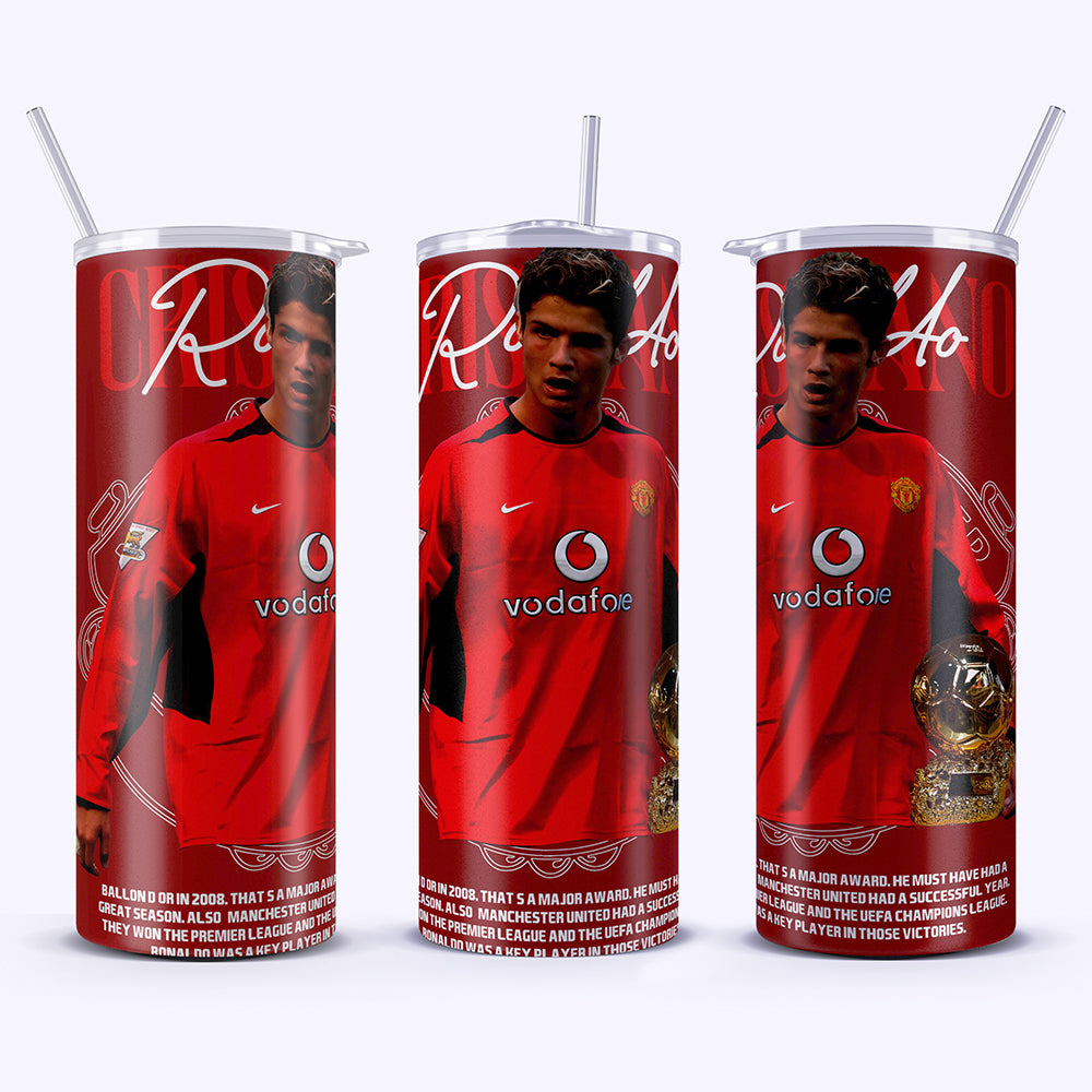 Three red cups with a soccer player's image and branding on a white background