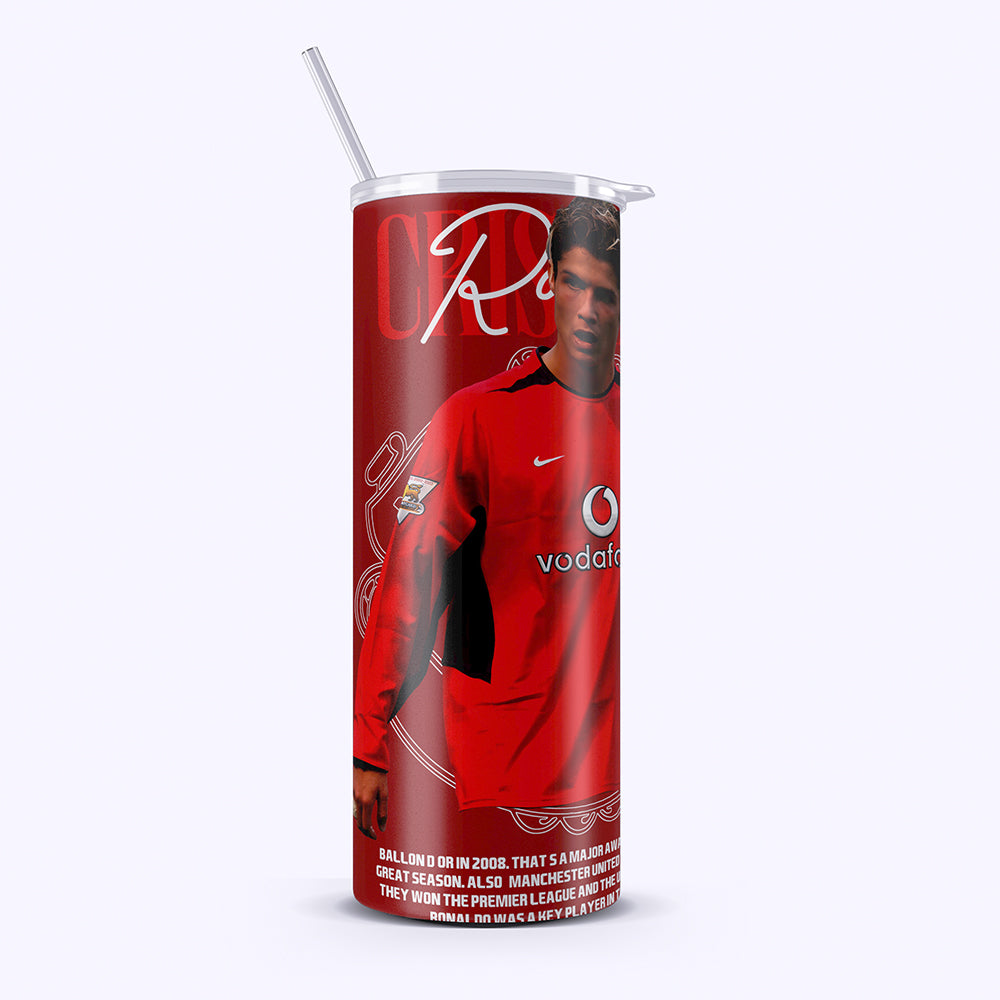 Tumbler with a sports jersey design and branding on a white background