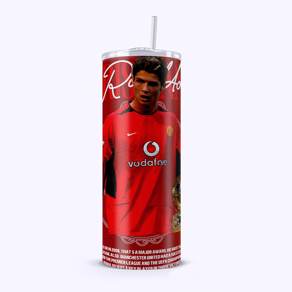 Tumbler with a soccer player in a red jersey and 'Vodafone' branding on a white background.
