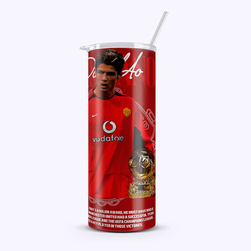 Red cup with a soccer player in a red jersey and Vodafone logo on a white background