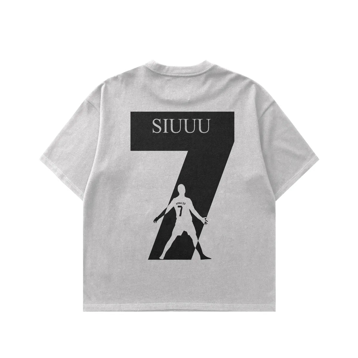 Gray t-shirt with black and white graphic design on the back