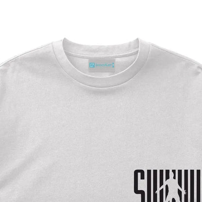 White t-shirt with black graphic design on a white background