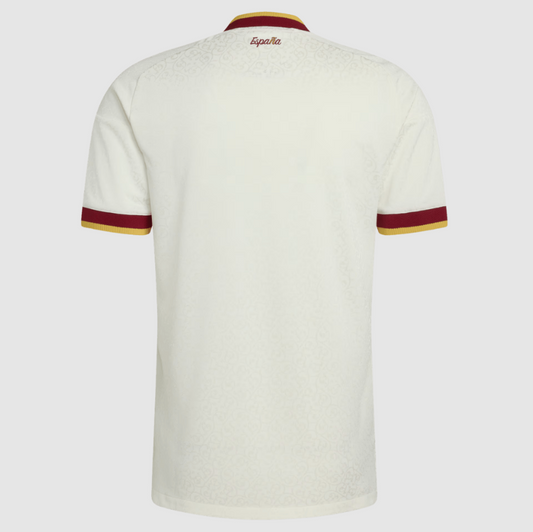 White polo shirt with red and yellow accents on a white background