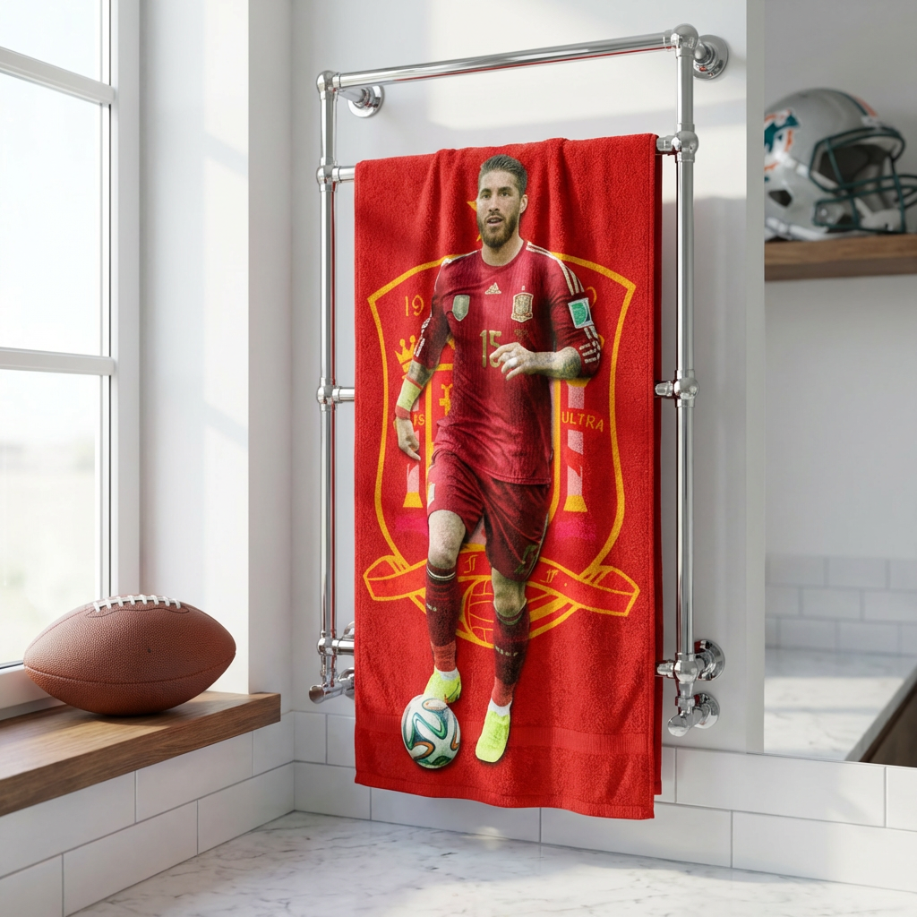 Red towel with a soccer player graphic hanging on a towel rack in a bathroom.