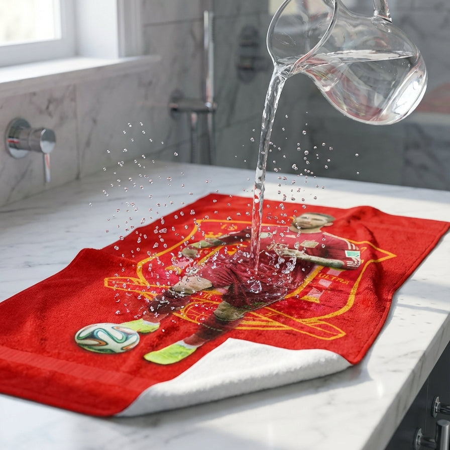 Clear glass pitcher pouring water onto a red towel with a logo on a marble countertop.