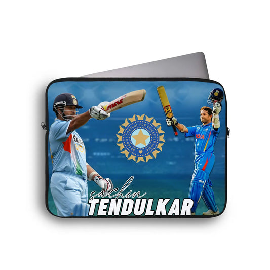 Laptop sleeve with images of a cricket player and the Indian flag, featuring the name 'Sachin Tendulkar'.
