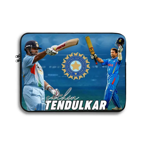 Laptop sleeve with images of a cricket player and the Indian flag, featuring the name 'Sachin Tendulkar'.