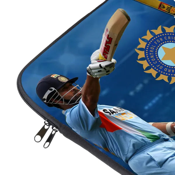 Laptop sleeve with a cricket player and ICC logo on a blue background