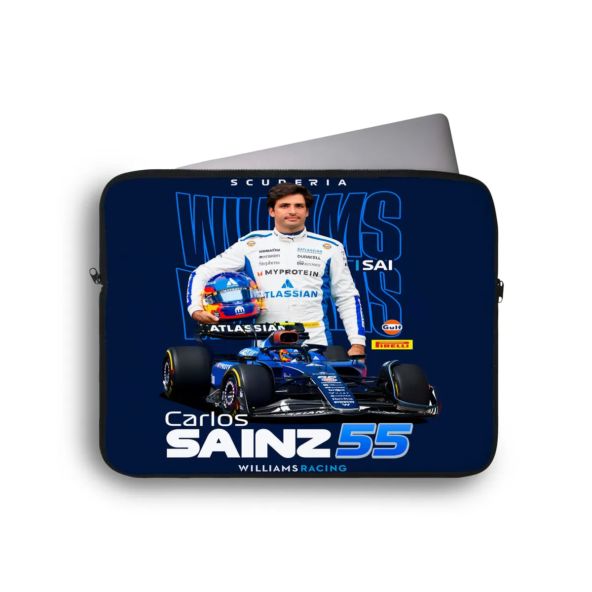 Laptop sleeve with Formula 1 driver Carlos Sainz and Williams Racing branding on a blue background