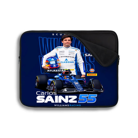 Laptop sleeve with Formula 1 driver Carlos Sainz and his car on a blue background