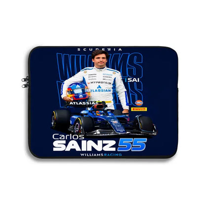 Laptop sleeve with Formula 1 driver Carlos Sainz and Williams Racing branding on a blue background.