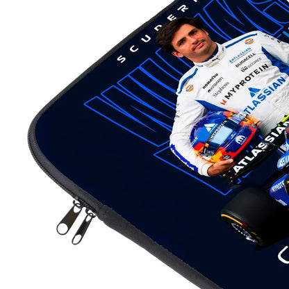 Laptop sleeve with a racing driver and car design on a dark background