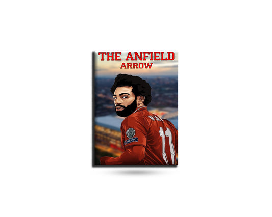Person wearing a red sports jersey with 'The Anfield Arrow' text on a white background