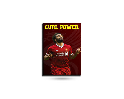 Soccer player in a red jersey with 'Curl Power' text on a dark background