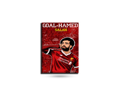 Framed picture of a football player in a red jersey with text 'GOAL-HAMED SALAH' on a white background.