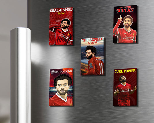 Five soccer player posters on a metallic surface