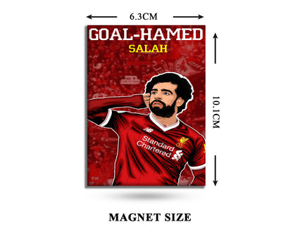 Magnet with a football player in a red jersey and text 'Goal-Hamed Salah' on a white background.