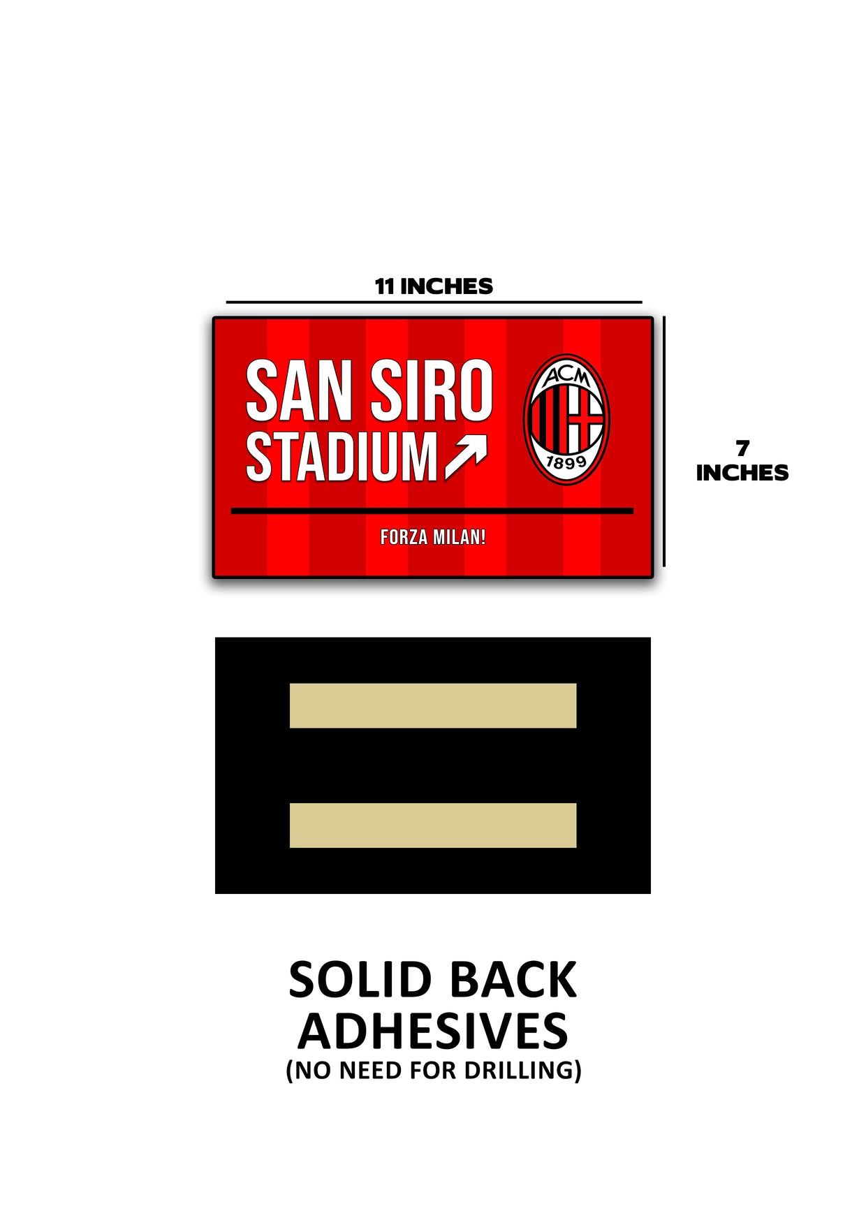 San Siro Stadium sign with dimensions and adhesive information on a white background