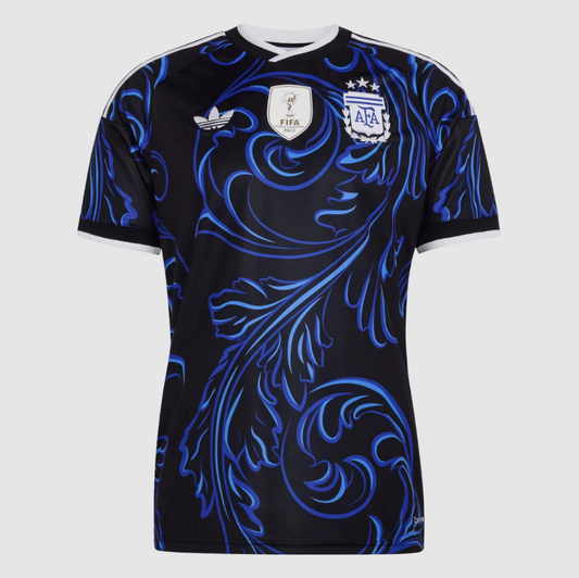 Black sports jersey with blue patterns on a white background