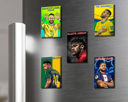 Five sports-themed magnets on a metallic surface