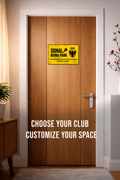 Wooden door with a yellow sign and text 'Choose your club, customize your space' on a neutral background.