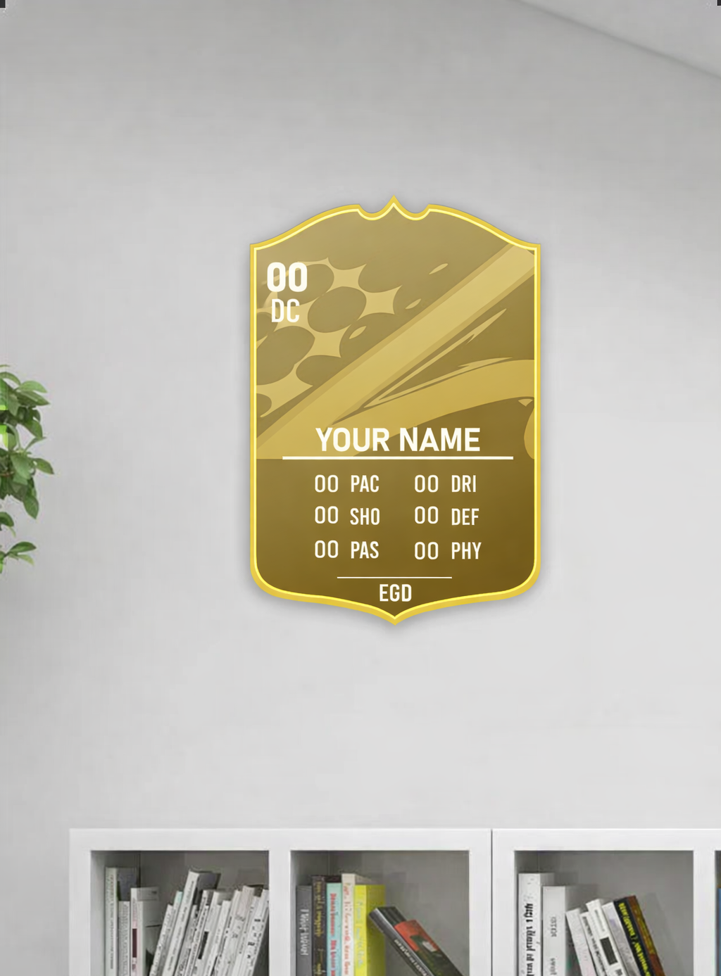 Decorative wall plaque with customizable text on a white wall above a bookshelf.