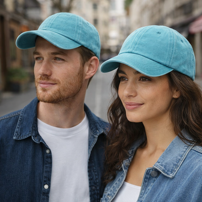 Man and woman wearing blue baseball caps in an urban setting