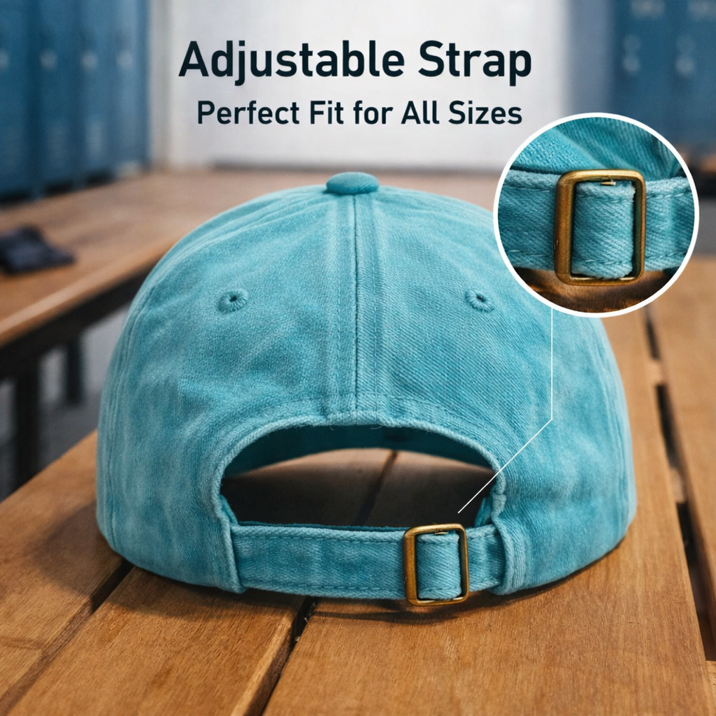 Blue denim cap with adjustable strap on a wooden surface, with text 'Adjustable Strap Perfect Fit for All Sizes'.