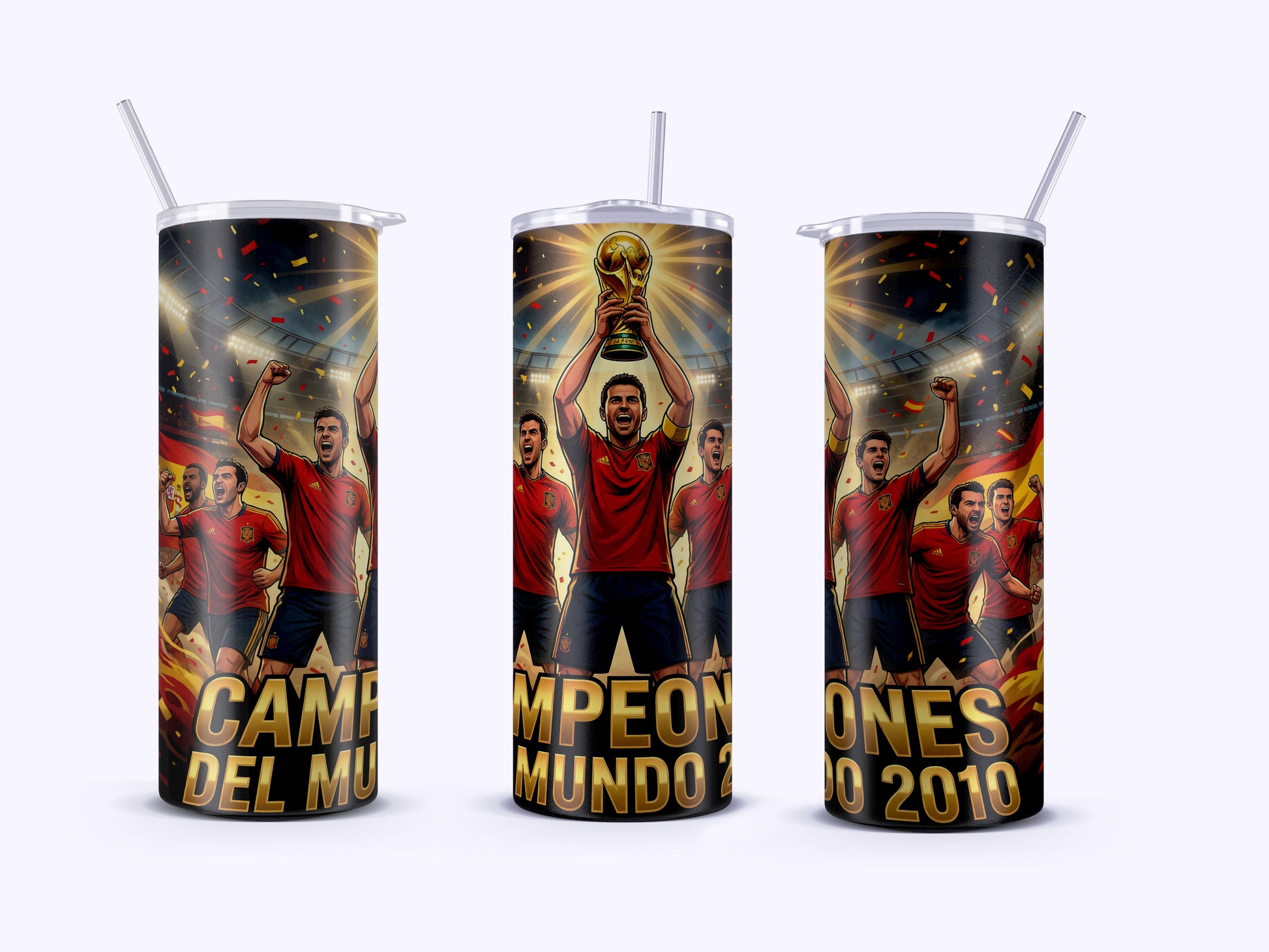 Three tumblers with a soccer-themed design featuring a player holding a trophy and text on a white background.