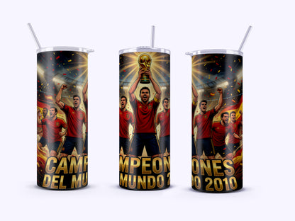 Three tumblers with a soccer-themed design featuring a player holding a trophy and text on a white background.