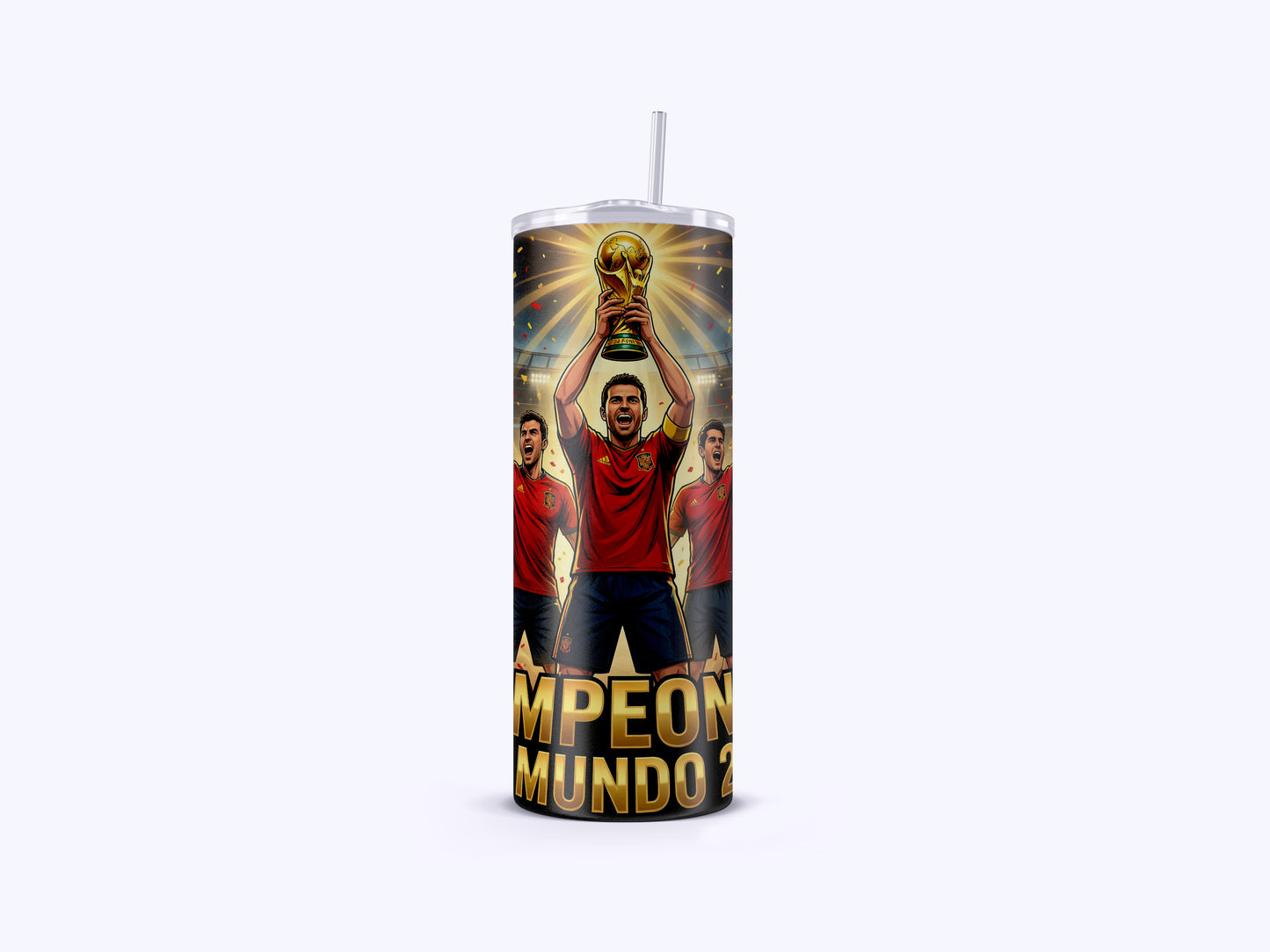 Tumbler with a soccer player holding a trophy and 'Campeón Mundo' text on a white background