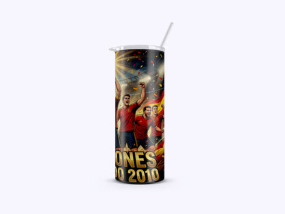 Tumbler with a design featuring two people in sports jerseys on a white background