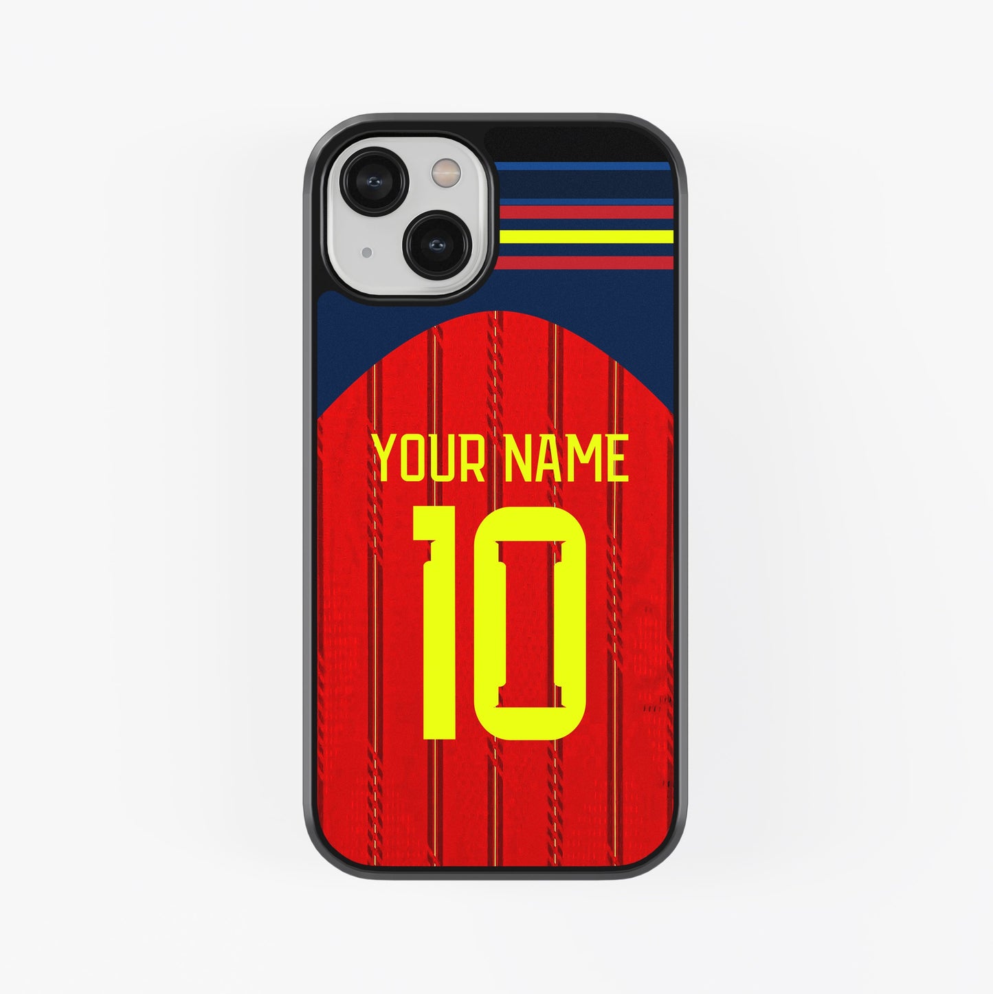 Phone case with red and blue design, yellow number 10, and customizable text on a white background