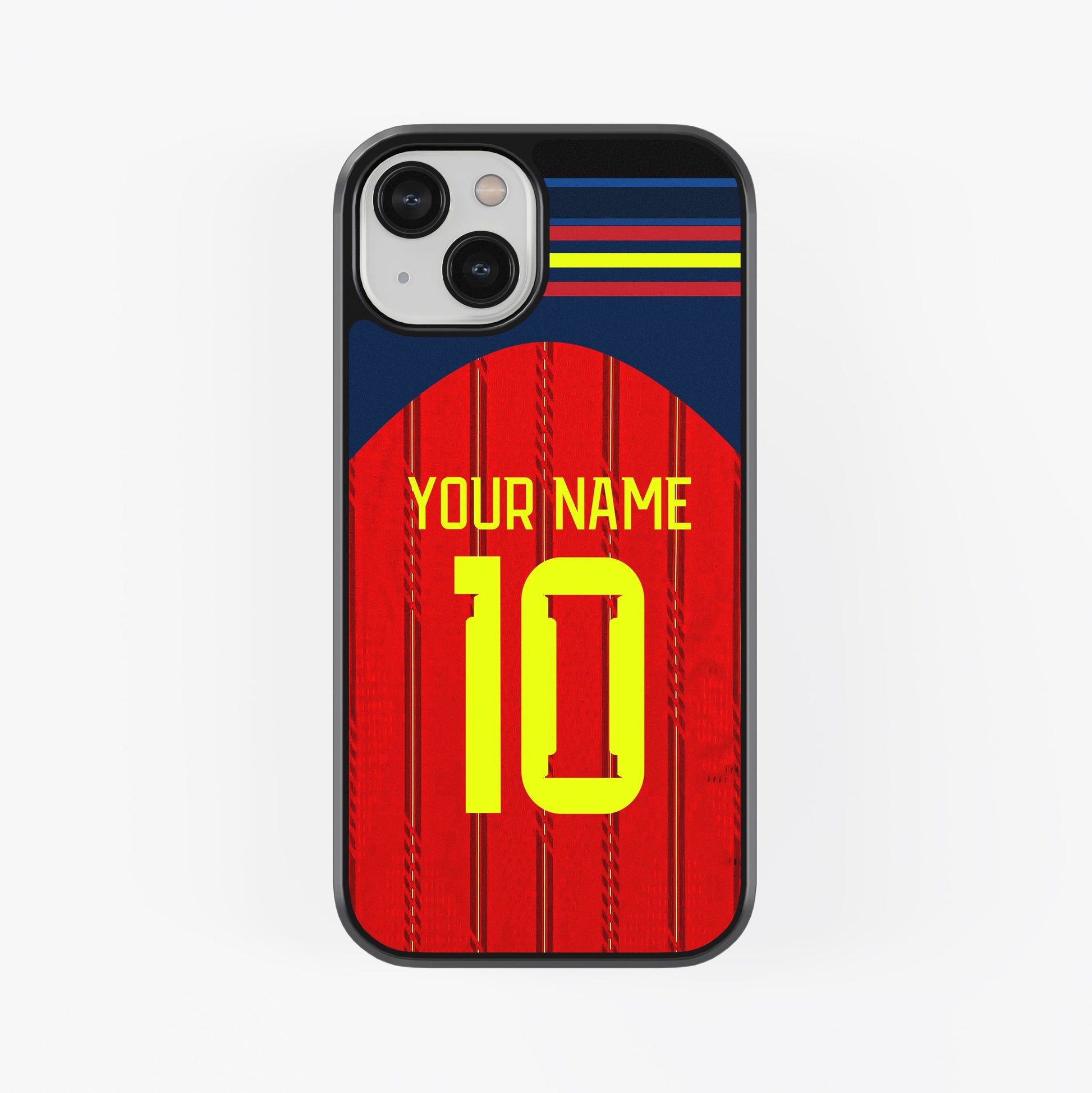Phone case with red and blue design, yellow number 10, and customizable text on a white background