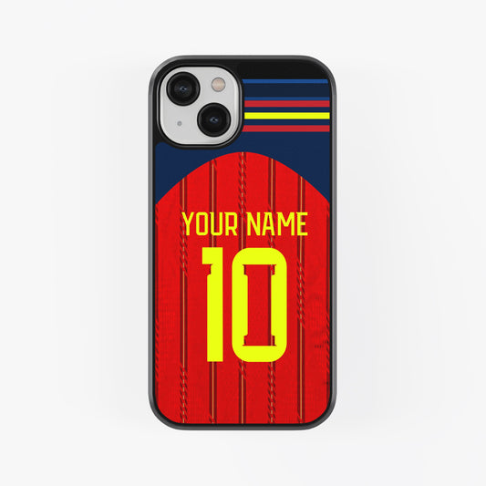 Phone case with red and blue design, yellow number 10, and customizable text on a white background