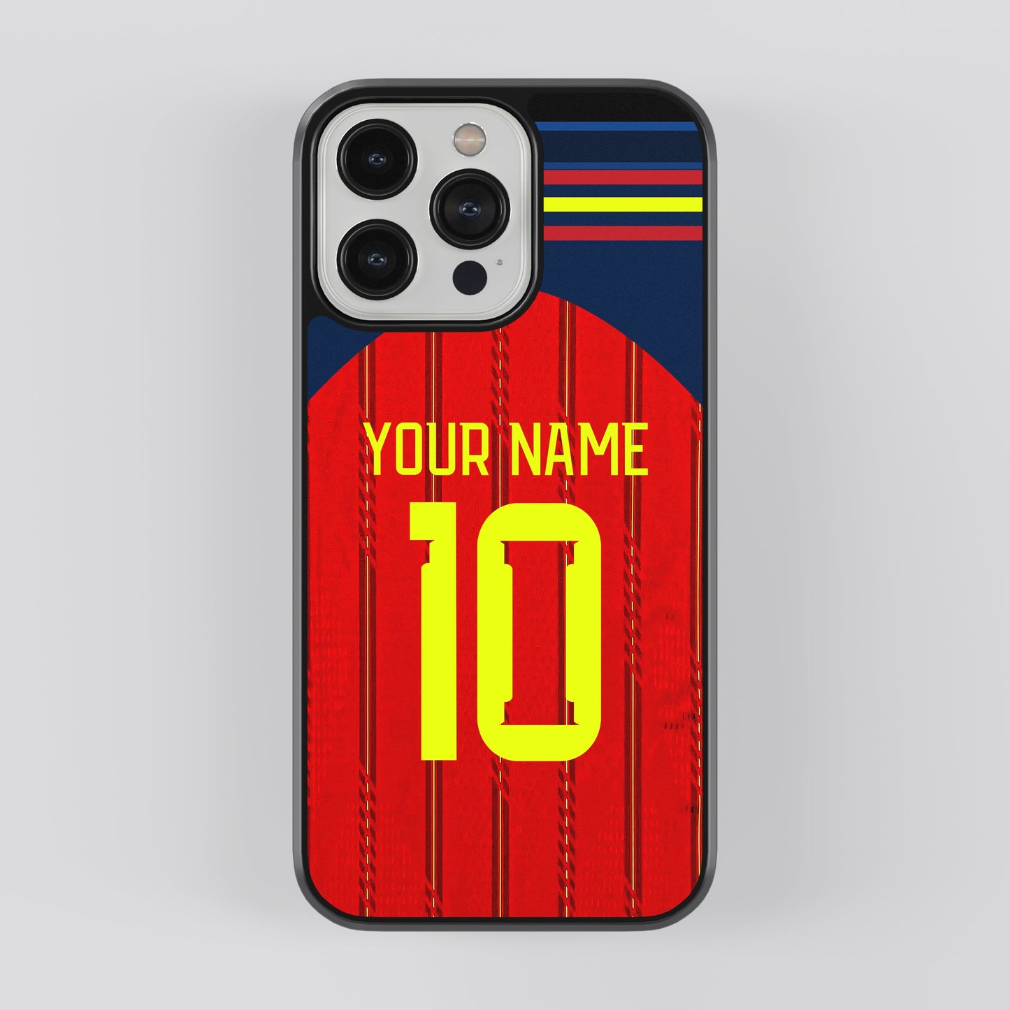 Phone case with red and blue design, yellow number 10, and space for personalization on a gray background.