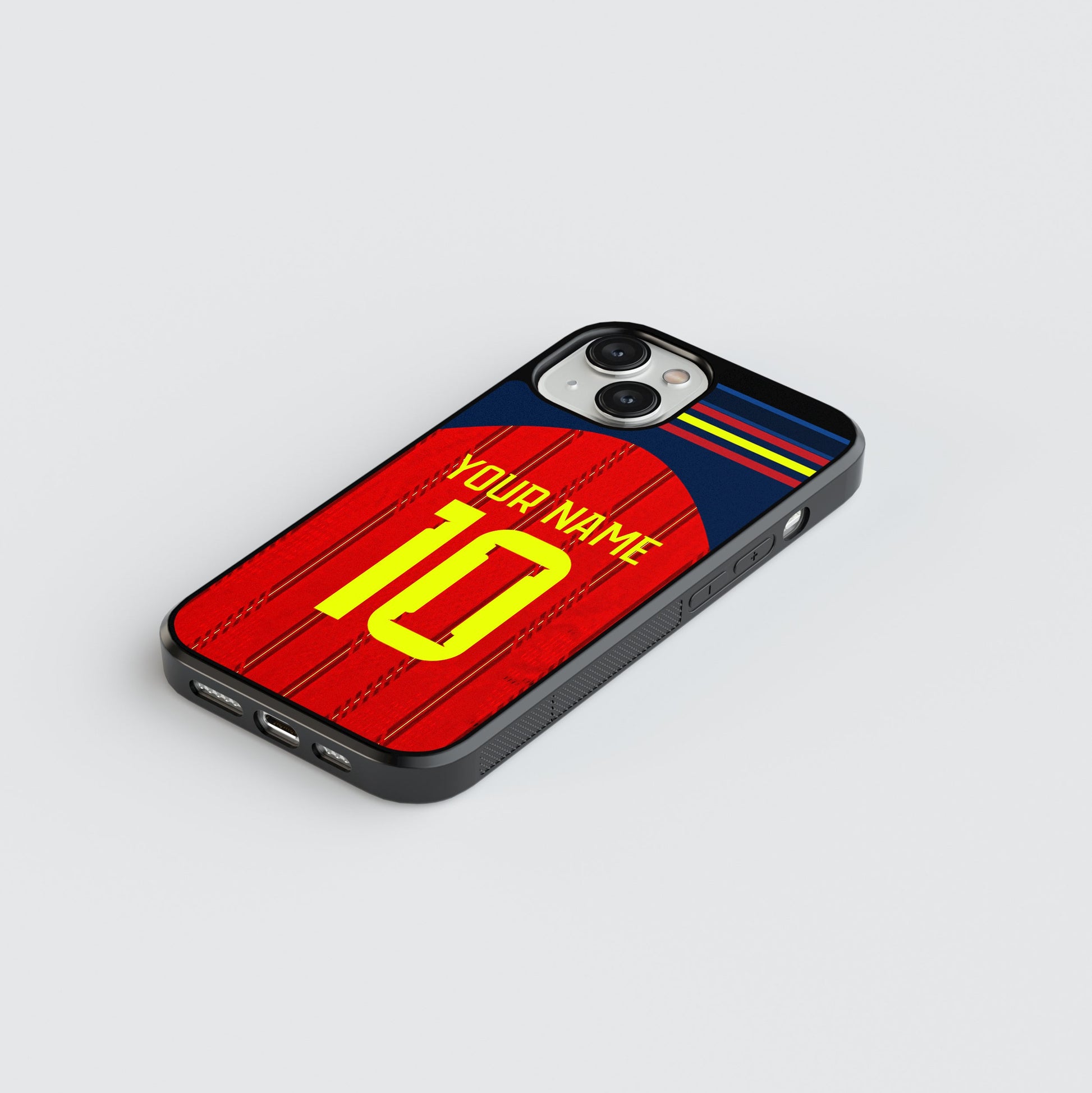 Phone case with customizable text on a white background