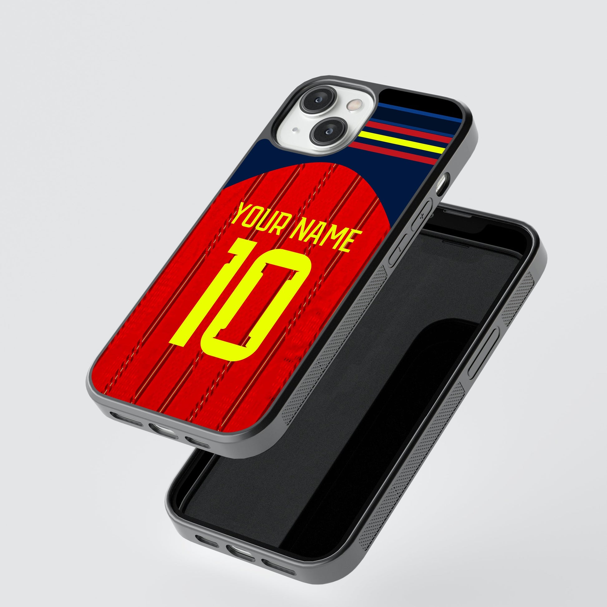 Phone case with red and blue design, featuring a number '10' and space for personalization on a light gray background.