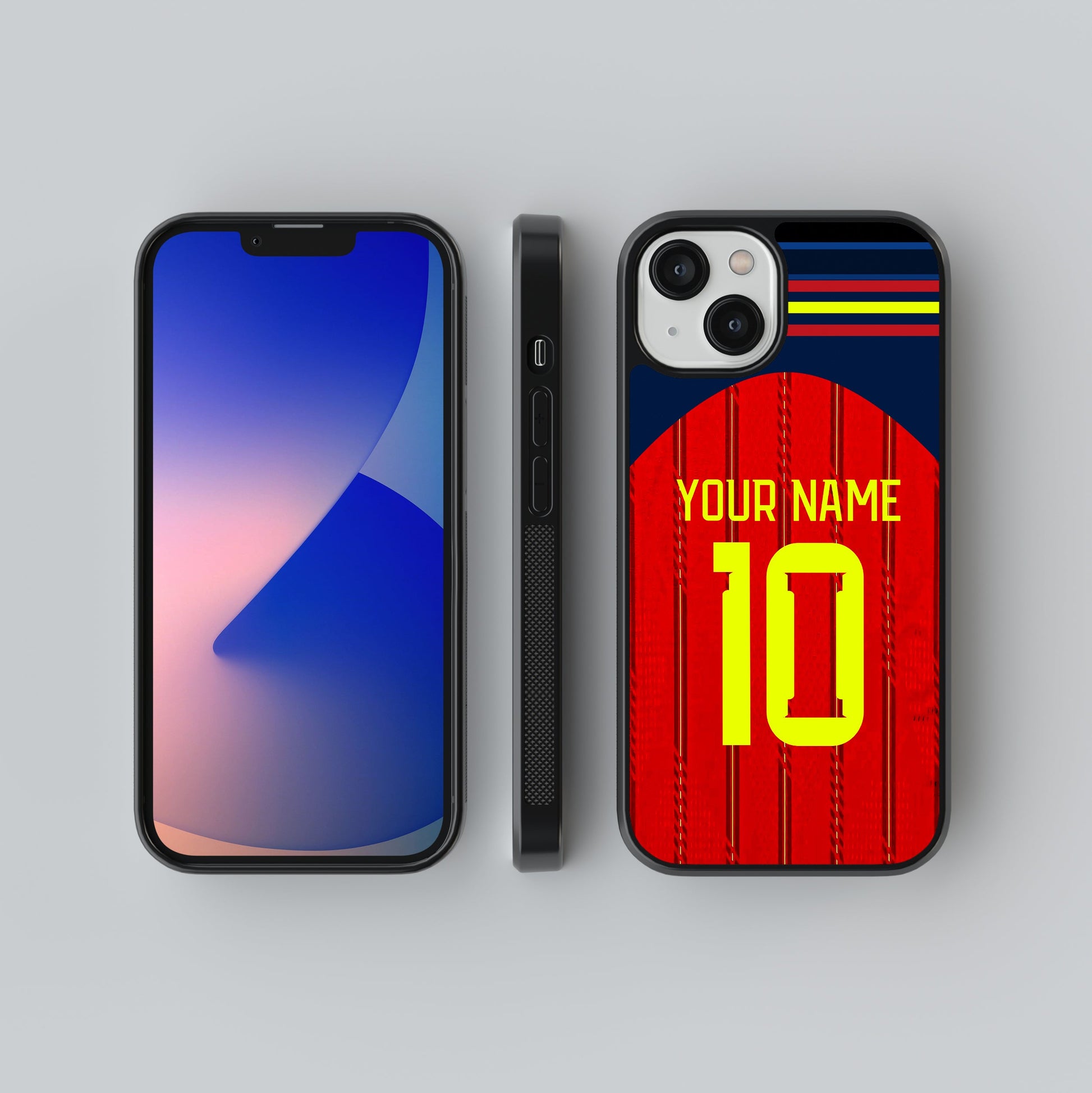 Phone case with red and blue design and customizable text on a gray background