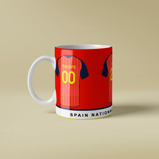 Mug designed like a Spain national team sports jersey on a beige background