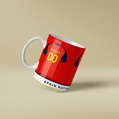 Mug with a design resembling a Spain national team jersey on a beige background