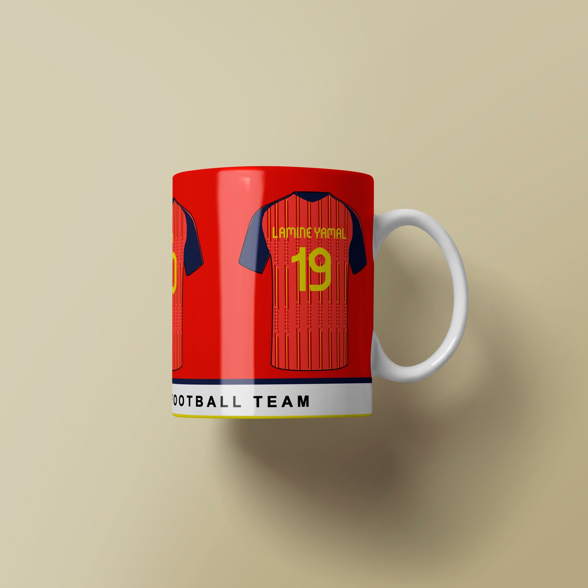 Mug with football team jersey design on a beige background
