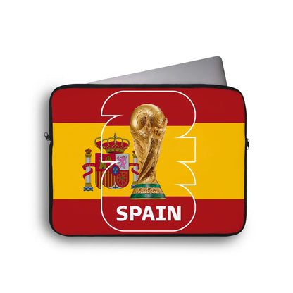 Laptop sleeve with Spanish flag, World Cup trophy, and 'Spain' text on a white background