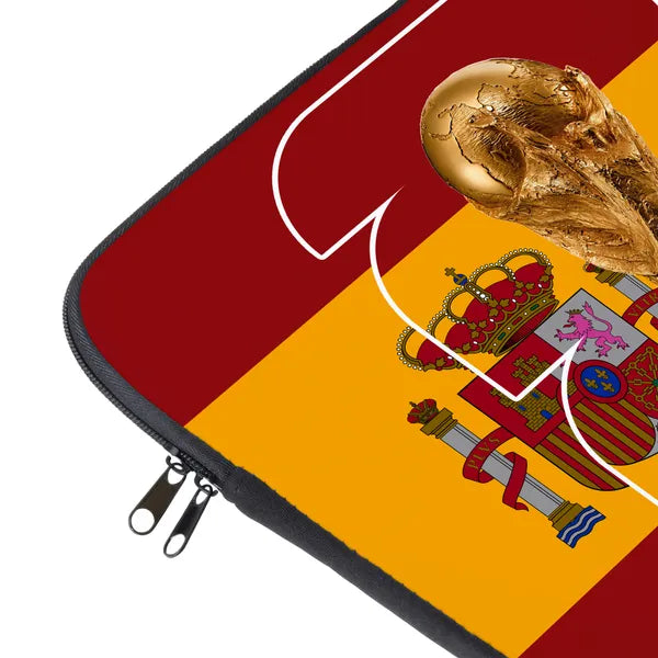 Laptop sleeve with Spanish flag design and World Cup trophy