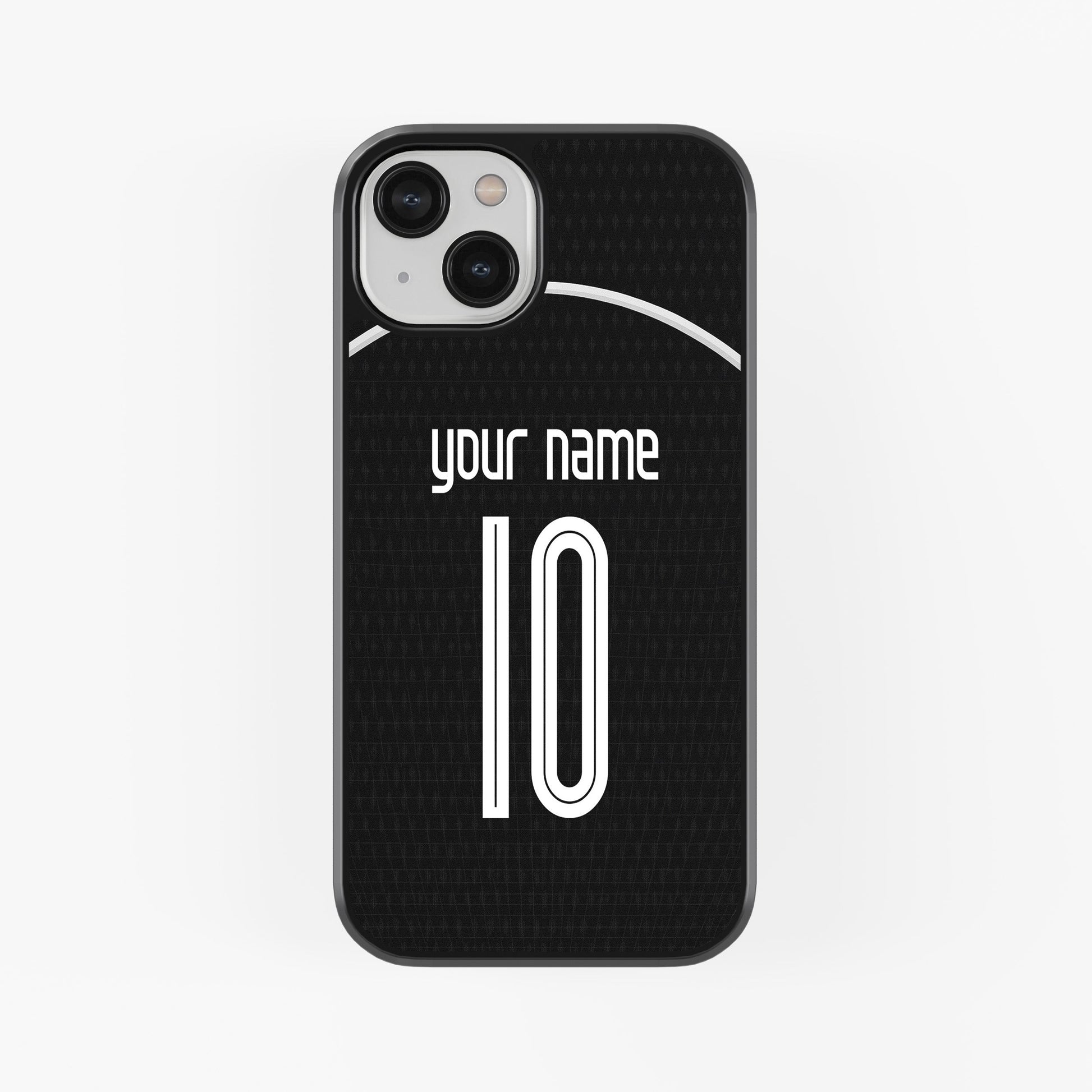 Phone case with customizable name and number on a black background