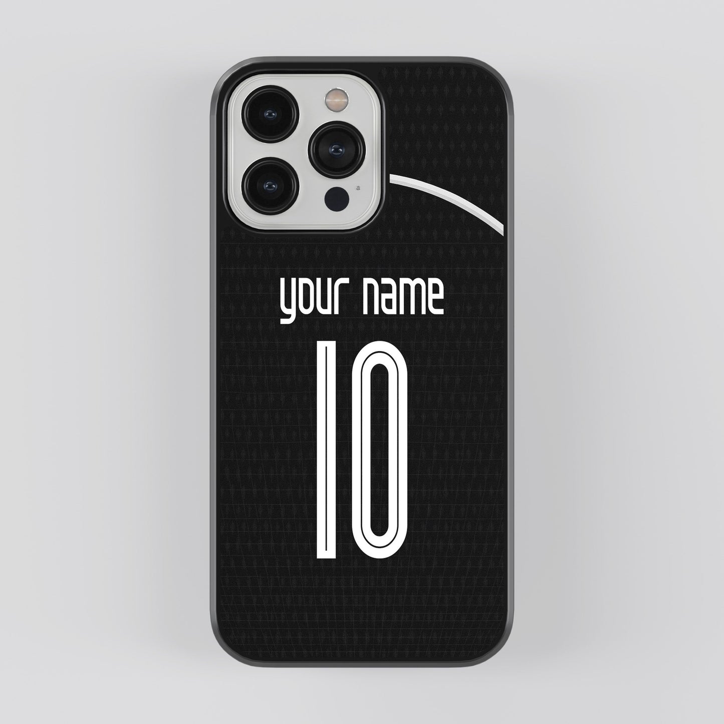 Black phone case with customizable text on a light gray background